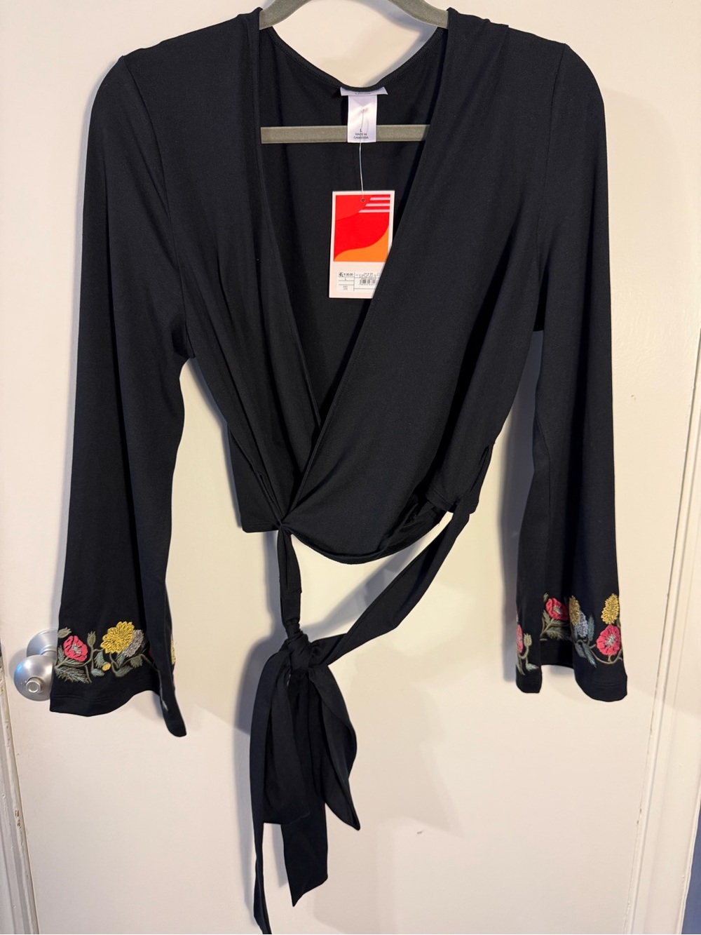 Target Black Wrap Crop Top with Pink and Yellow Floral Cuff Detail Large